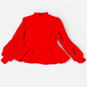 Red Peplum Mock Neck Puffed Sleeve Velvet Blouse Top Women's XS